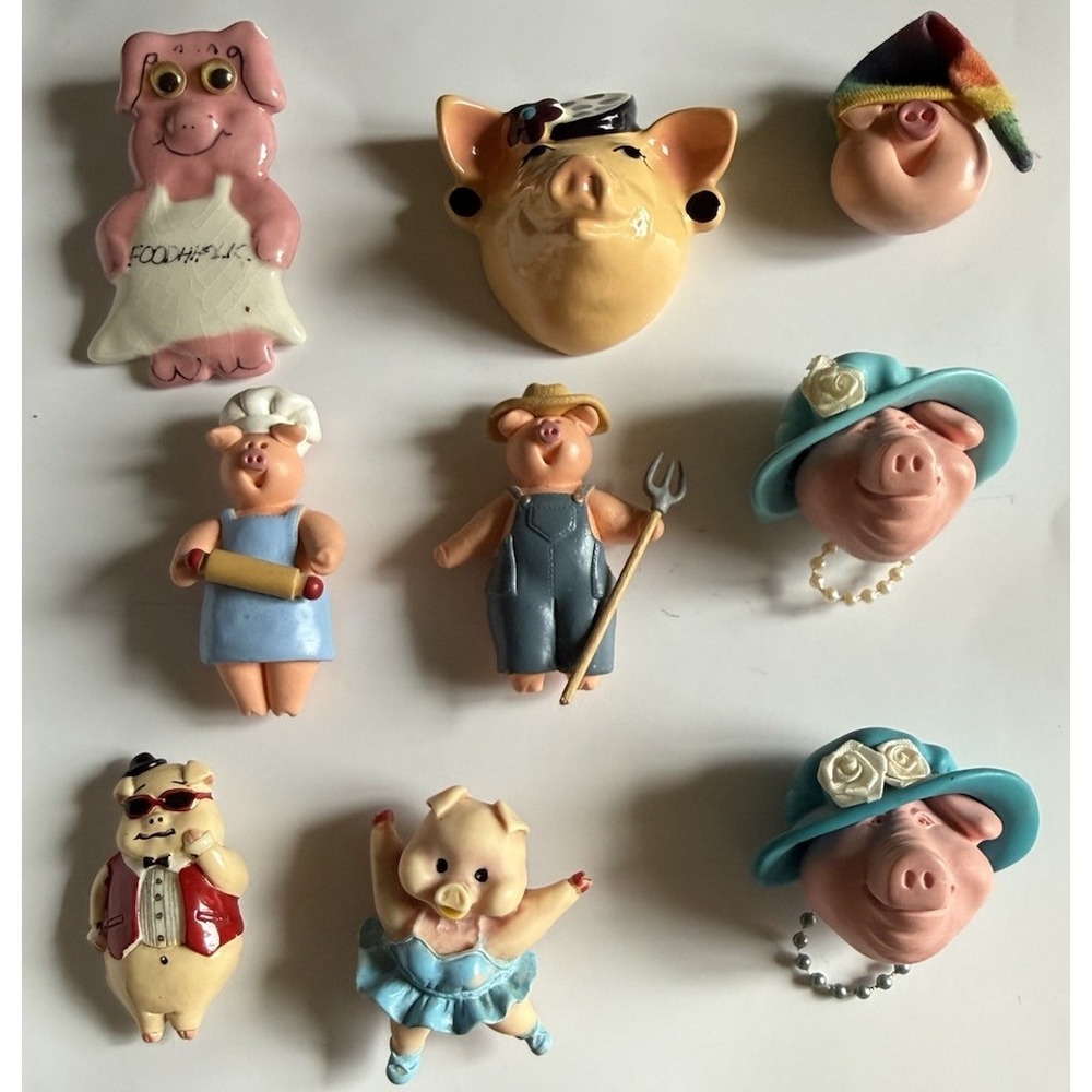 9 Piece Vintage Pig Magnet Lot Farmhouse Kitchen Decor Resin Clay Critters Inc